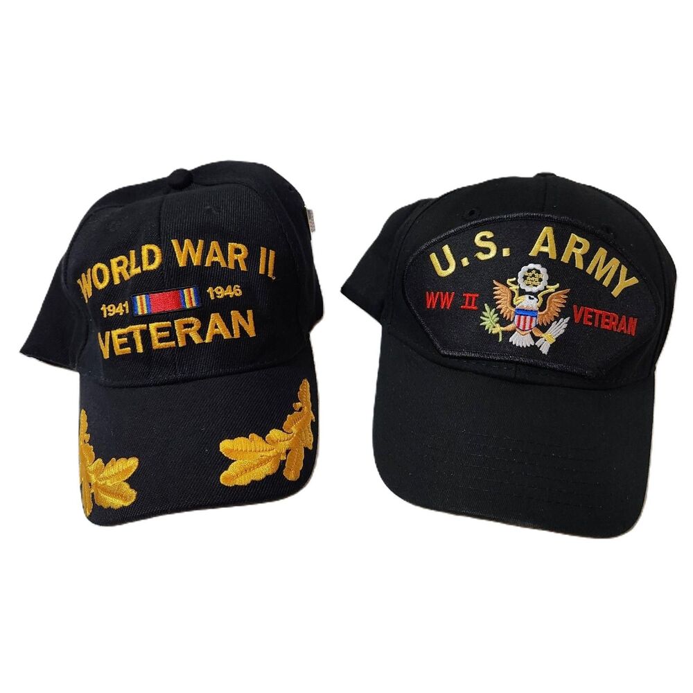 WWII US Army Veteran Cap Set Lot of 2 Black Military Hats 1941–1946